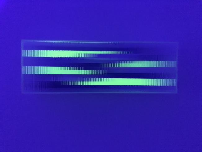 Christiane Grimm, Little Fusion III, 2020, Mischtechnik und Acrylglas, 14.5 x 43 x 10 cm, Schwarzlicht
